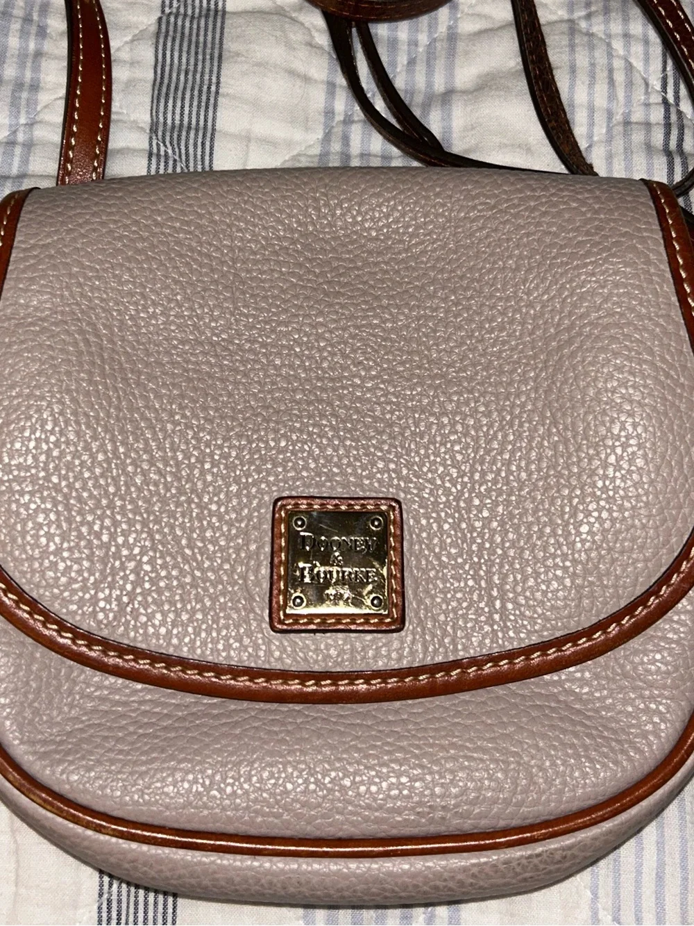 Dooney & Bourke Pebbled Leather Crossbody in Taupe with Brown Trim